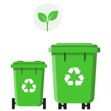 Çevre koruma, atık yönetimi ve daha temiz bir gelecek için sürdürülebilir uygulamaları temsil eden iki yeşil geri dönüşüm kutusu ve bir bitki.