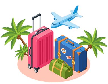 İçinde uçak ve palmiye ağaçları olan bavullar. Bavullar tatil için toplandı. Uçak kalkmaya hazırdır. Palmiye ağaçları rüzgarda sallanıyor. Vektör illüstrasyonu.