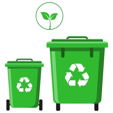Üzerinde geri dönüşüm logosu ve yeşil bitki logosu olan iki yeşil geri dönüşüm kutusu. Atık yönetimi ve çevre korumasını temsil ediyorlar. Vektör illüstrasyonu.