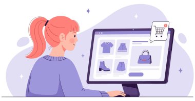 Genç bir kadın bilgisayarında kıyafet alışverişi yapıyor. Satılık çeşitli eşyaların bulunduğu bir web sitesine göz atıyor ve bunları alışveriş arabasına ekliyor..