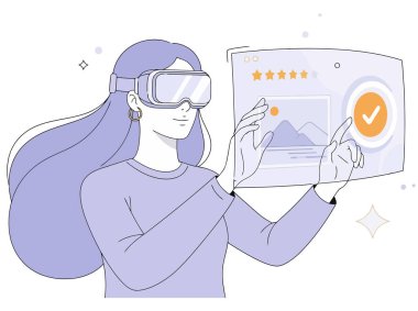 VR gözlüklü bir kadın sanal arayüzle etkileşime girer, teknolojinin ve kullanıcı deneyiminin geleceğini gözler önüne serer. Modern tasarım ve yenilikçi konsept.