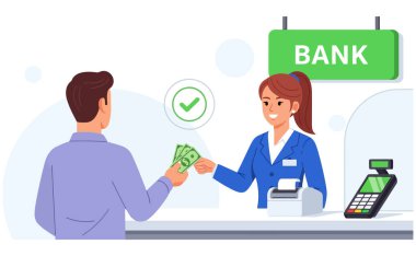 Bir veznedar müşteriye hizmet ediyor. Müşteri veznedara para veriyor. Veznedar gülümsüyor ve işlemi tamamlamaya hazır. Vektör illüstrasyonu.