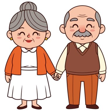 Yaşlı bir çiftin el ele tutuşup, altın yıllarındaki aşkı ve arkadaşlığı simgeleyen büyüleyici bir karikatür çizimi. Temiz beyaz bir arkaplanda izole edilmiş..