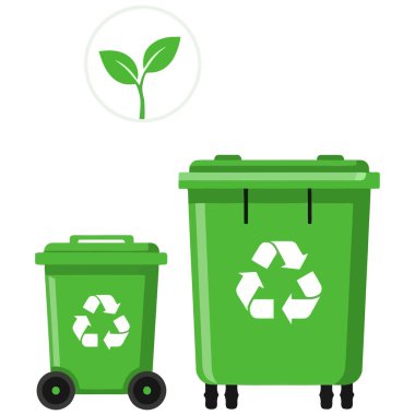 İki yeşil geri dönüşüm kutusu, biri büyük diğeri küçük, üzerinde bitki sembolü var. Çevresel farkındalık, sürdürülebilirlik ve sorumlu atık yönetimi uygulamalarını temsil etmek.
