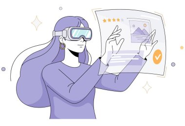 Sanal gerçeklik gözlüğü takan bir kadın dijital arayüzle etkileşime giriyor. Teknolojinin ve yeniliğin geleceğini deneyimleyen bir simülasyon dünyasına daldı..