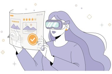 Bir kadın ürün incelemesi için VR kulaklık kullanıyor. Sanal gerçeklik deneyimi yaşıyor ve etrafındaki dijital dünyayla etkileşime geçiyor..