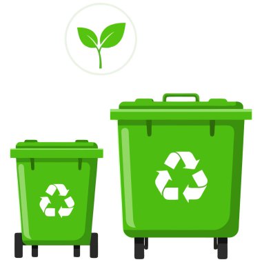 Beyaz arka planda yeşil geri dönüşüm kutuları, çevre dostu atık yönetimini simgeliyor. Geri dönüşüm sembolleri ve bir yaprak simgesi. Çevresel temalar için vektör illüstrasyonu.