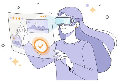 VR gözlüklü bir kadın sanal arayüzle etkileşime girer. Teknolojiyi dijital dünyaya erişmek ve gelişmiş gerçekliği tecrübe etmek için kullanıyor. Modern ve yenilikçi.