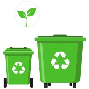 İçinde geri dönüşüm sembolü olan iki geri dönüşüm kutusu ve çevresel sürdürülebilirlik ve atık yönetimi temsil eden yeşil bir yaprak. Çevre dostu ve sorumlu yaklaşım.