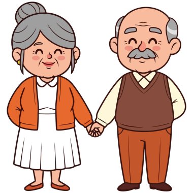 Sevimli yaşlı bir çift el ele tutuşuyor ve gülümsüyor. Altın yıllarında birlikte oldukları için mutlular. Bu beyaz üzerine izole edilmiş bir çizgi film çizimi..