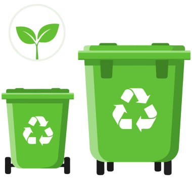 Üzerinde geri dönüşüm sembolü olan iki geri dönüşüm kutusu. Çöp bidonları yeşil ve siyah tekerlekleri var. Çöp bidonlarının yanında yaprakların olduğu bir geri dönüşüm sembolü var..