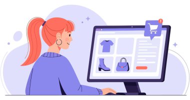 Bir kadın bilgisayarından kıyafet almak için internetten alışveriş yapıyor. Satılık çeşitli eşyaların bulunduğu bir web sitesine göz atıyor. Arabasına bir şeyler ekliyor..