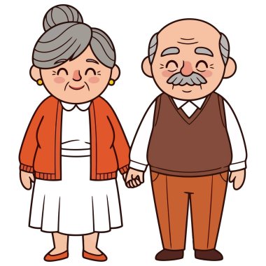 Mutlu, yaşlı bir çift el ele tutuşuyor. Gülümsüyorlar ve birbirlerine bakıyorlar. Sıradan kıyafetler giyiyorlar. Beyaz bir arka planın önünde duruyorlar..