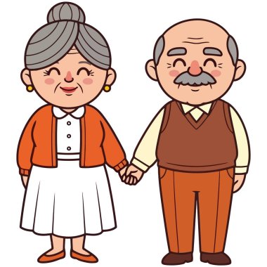 Mutlu bir son sınıf çifti el ele tutuşuyor. Onlar birbirini seven ve önemseyen yaşlı bir çift. Bu beyaz arkaplanda izole edilmiş bir vektör çizimi.