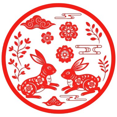 Çiçekler ve bulutlarla çevrili iki tavşanın olduğu, Çin Yeni Yılı ve Bahar Festivali 'ni kutlamak için mükemmel bir kırmızı kağıt kesimi tasarımı..