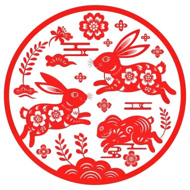Bir çemberde üç kırmızı tavşanın yer aldığı, Çin Yeni Yılı kutlamak için mükemmel bir örnekleme. Tasarım, çiçekler, bulutlar ve geleneksel elementleri içerir..