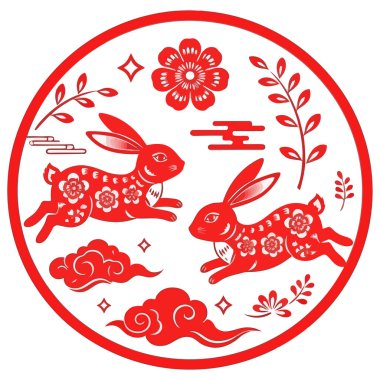 Çiçekler ve bulutlarla çevrili iki tavşanın olduğu büyüleyici kırmızı bir kağıt kesimi. Çin Yeni Yılı ve Bahar Festivali 'ni kutlamak için mükemmel..