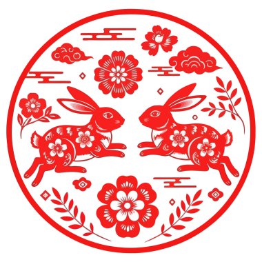 Çin Yeni Yıl kutlamaları için ideal iki kırmızı tavşanın bir daire şeklinde yan yana durduğu simetrik bir çizim. Tasarım çiçek ve bulut elementlerini içeriyor.