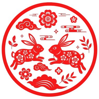 Çiçekler ve bulutlarla çevrili iki tavşanın olduğu, Çin Yeni Yılı ve Tavşan Yılı 'nı kutlamak için mükemmel bir kırmızı kağıt kesimi tasarımı..