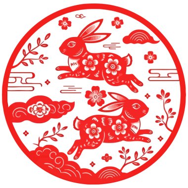 Çiçekler ve bulutlarla çevrili iki tavşanın olduğu, Çin Yeni Yılı ve Tavşan Yılı 'nı kutlamak için mükemmel bir kırmızı kağıt kesimi tasarımı..