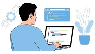 Adamın biri dizüstü bilgisayarında CSS kodluyor. Bir web geliştirme projesi üzerinde çalışıyor. Görüntü beyaz bir arkaplanda izole edilmiştir ve vites ve bitki içerir..