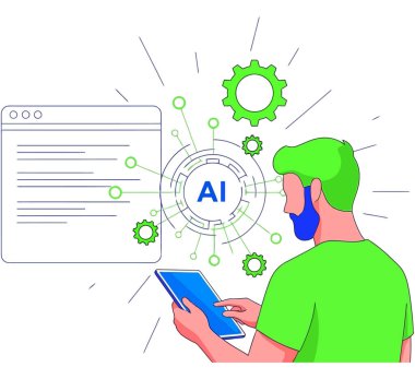 Bir adam bir tablet üzerinde yapay zeka kullanıyor. Ekrana bakıyor ve yapay zekayla etkileşimde bulunuyor. Yapay zeka ona bir görev ya da sorun için yardım ediyor..