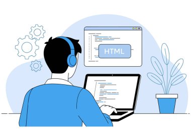Kulaklıklı bir adam HTML 'de dizüstü bilgisayarda kodlama yapıyor. O bir geliştirici, programcı ya da kodlayıcı. Bir web geliştirme projesi üzerinde çalışıyor. İzole edilmiş arkaplan.