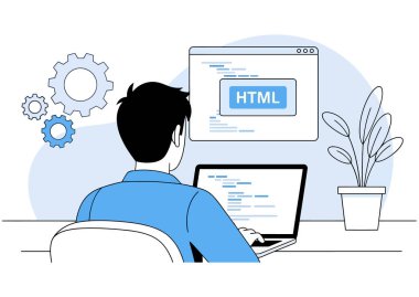 Bir adam ekranında HTML kodu olan bir dizüstü bilgisayar üzerinde çalışıyor. O bir geliştirici, programcı ya da kodlayıcı. Bir web geliştirme projesi üzerinde çalışıyor. İzole edilmiş arkaplan.