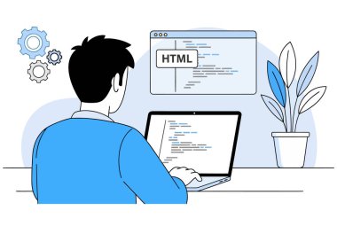 Bir adam HTML kodlaması için dizüstü bilgisayar kullanıyor. O bir geliştirici, programcı ya da kodlayıcı. Bir web geliştirme projesi üzerinde çalışıyor. Beyaz arkaplanda izole.