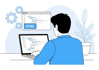 Bir adam dizüstü bilgisayarında HTML kodluyor, web geliştirme sürecini gösteriyor. Bir bilgisayar, programlama yazılımı üzerinde çalışıyor ve online çözümler yaratmak için teknolojiyi kullanıyor..
