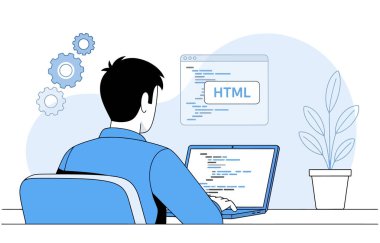 Bir adam dizüstü bilgisayarında HTML kodluyor, web geliştirme sürecini gösteriyor. Bir bilgisayar, programlama yazılımı üzerinde çalışıyor ve online çözümler yaratmak için teknolojiyi kullanıyor..