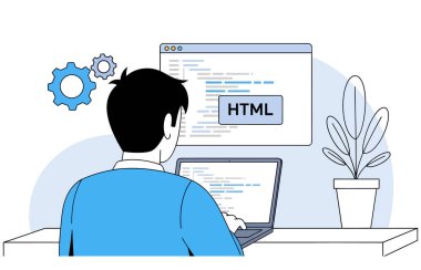 Adamın biri dizüstü bilgisayarında HTML kodluyor. Masasında oturuyor ve bir web geliştirme projesi üzerinde çalışıyor. O bir programcı, geliştirici ve yazılım mühendisi..