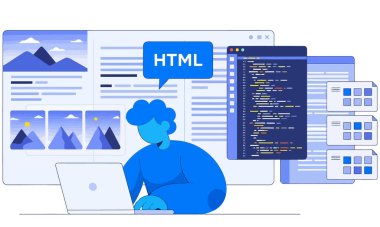 Bir ağ geliştirici dizüstü bilgisayarında HTML kodluyor. O, yeni bir web sitesi üzerinde çalışıyor. O bir bilgisayar kullanıyor ve internete bağlı. Web sitesi üzerinde çok çalışıyor..