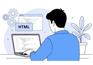 Bir adam dizüstü bilgisayarında HTML kodluyor, web geliştirme sürecini gösteriyor. Bir bilgisayar, programlama yazılımı üzerinde çalışıyor ve online çözümler yaratmak için teknolojiyi kullanıyor..