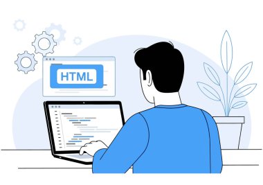 Adamın biri dizüstü bilgisayarında HTML kodluyor. Masasında oturuyor ve bir web geliştirme projesi üzerinde çalışıyor. O bir programcı, geliştirici ve yazılım mühendisi..