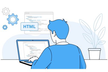 Adamın biri dizüstü bilgisayarında HTML kodluyor. O bir web geliştiricisi ve yeni bir web sitesi üzerinde çalışıyor. O bir bilgisayar kullanıyor ve internete bağlı. Çok çalışıyor..