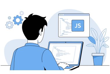 Adamın biri dizüstü bilgisayarında JavaScript kodluyor. O bir yazılım geliştirme projesi üzerinde çalışan bir programcı. Görüntü beyaz bir arkaplanda izole edilmiştir. Vektör illüstrasyonu.