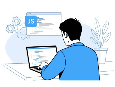 Adamın biri masadaki dizüstü bilgisayarında JavaScript kodluyor. O bir yazılım geliştirme projesi üzerinde çalışan bir programcı. Görüntü beyaz bir arkaplanda izole edilmiştir. Vektör sanatı.