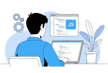 Adamın biri dizüstü bilgisayarında JavaScript kodluyor. O bir geliştirme projesi üzerinde çalışan bir yazılım mühendisi. Görüntü beyaz bir arkaplanda izole edilmiştir. Vektör illüstrasyonu.