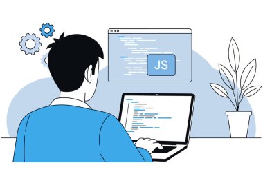 A programmer is working on javascript code on his laptop. He is developing a web application. The background is white. The image is a vector illustration. clipart svg vector 