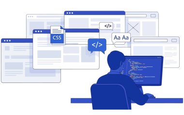 A programmer is working on website development. He is coding on a computer. The programmer is using a screen. He is a developer. He is a coder. He is an engineer. clipart svg vector 