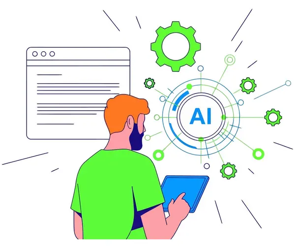 Bir adam yapay zeka ile bir tablet üzerinde etkileşim kurarak yapay zekanın modern teknolojiye entegrasyonunu ve gelecekteki yenilik potansiyelini gözler önüne seriyor..