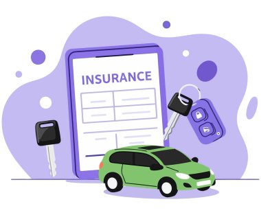 Kapsamlı araç sigortası ile aracınızı sağlama alın. Bu vektör illüstrasyonunda korunmanın önemini vurgulayan bir tablet, anahtar ve araba politikası yer almaktadır..