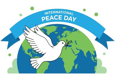 Dünya üzerinde uçan zeytin dalı taşıyan bir güvercin, Uluslararası Barış Günü 'nü simgeliyor. Bu görüntü dünya çapında küresel uyumu, birliği ve pasif direnişi teşvik ediyor..
