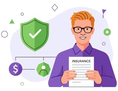 Bir sigorta acentesinin elinde koruma ve güvenliği temsil eden bir poliçe belgesi vardır. Bu illüstrasyon risk yönetimi ve finansal planlamanın önemini vurgular.