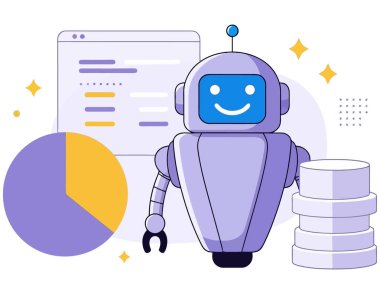 Bir robot verileri analiz eder, otomasyonu ve yapay zekayı temsil eder. Resim makine öğrenme, veri analizi ve teknolojik yenilikleri gösteriyor.