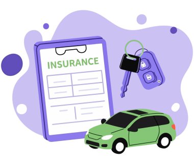 Araba sigortası konsepti, dosya, araba ve anahtarlar. Otomobil sigortası, koruma ve risk yönetimi. Beyaz arkaplanda izole edilmiş, düz vektör çizimi.