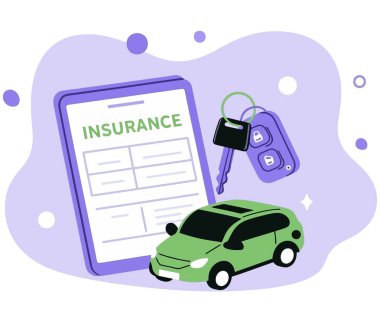 İçinde poliçe, araba anahtarı ve araç olan bir tablet içeren bu vektör illüstrasyonuyla araç sigortası yaptırın. Otomobil sigortasını desteklemek için mükemmel..