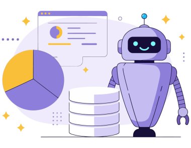 Pasta grafiği ve veritabanı ile veri analiz eden bir robotun vektör çizimi. Teknoloji, yapay zeka ve iş ve finans otomasyonunu temsil eder..