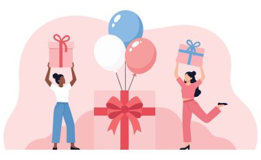 İnsanlar sevinçlerini ve mutluluklarını balonlarla ve hediyelerle kutluyorlar. Bu vektör illüstrasyonu, arkadaşları ve ailesiyle eğlenceli ve şenlikli bir olayın özünü yakalar..